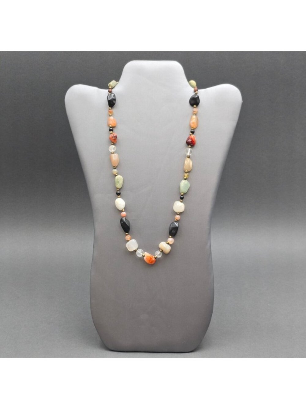 Vintage Multi Gemstone Beggar Bead Necklace 20" Natural Stone Brass Accents - Picture 2 of 11